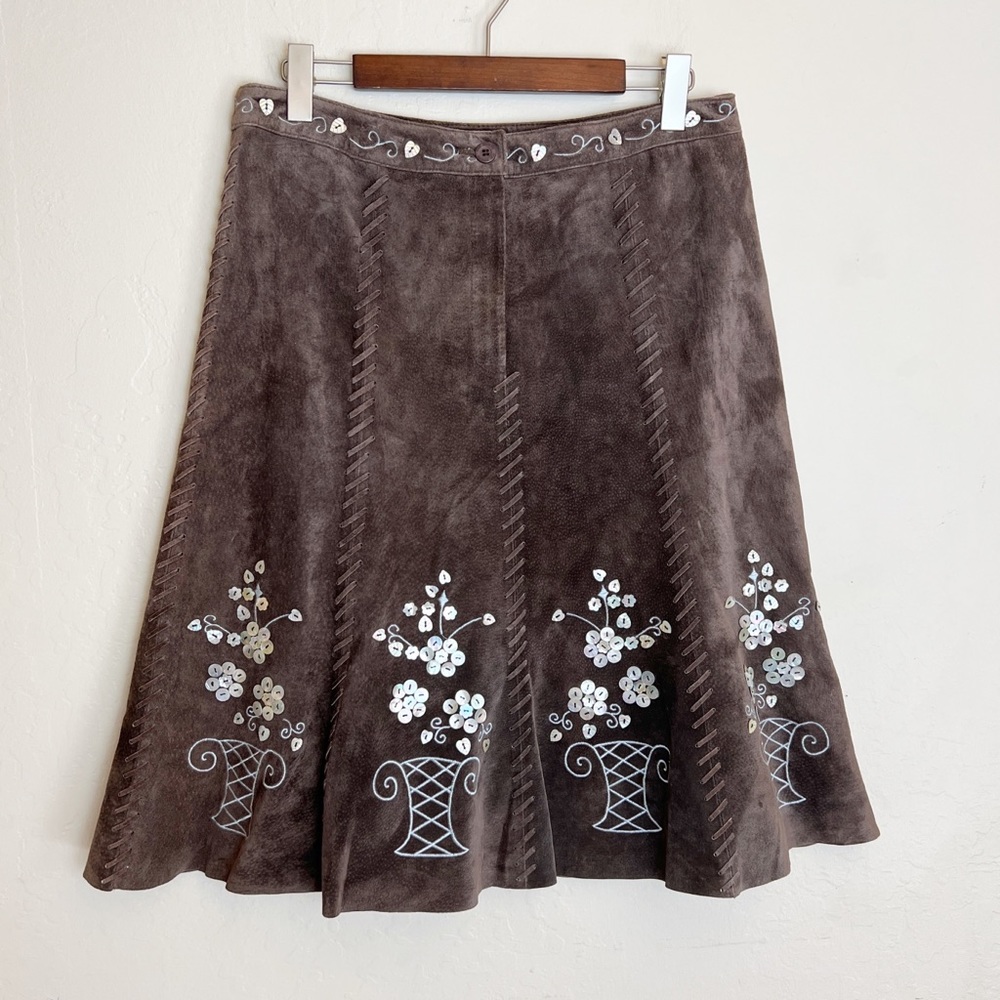 •JOSEPHINE• Vintage 90s Embroidered Suede Midi Skirt